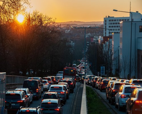 Blurred traffic in Mexico city during evening rush hour